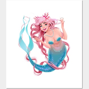 Smiling mermaid with long pink hair Posters and Art